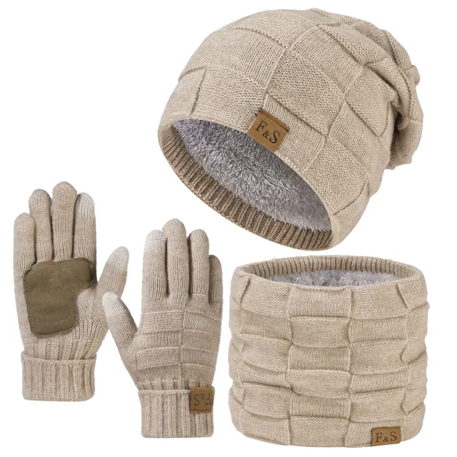 Hat Scarf Gloves Three piece Suit Snow Day Knitted Earflaps Cap Beige - Shop at LoveMi