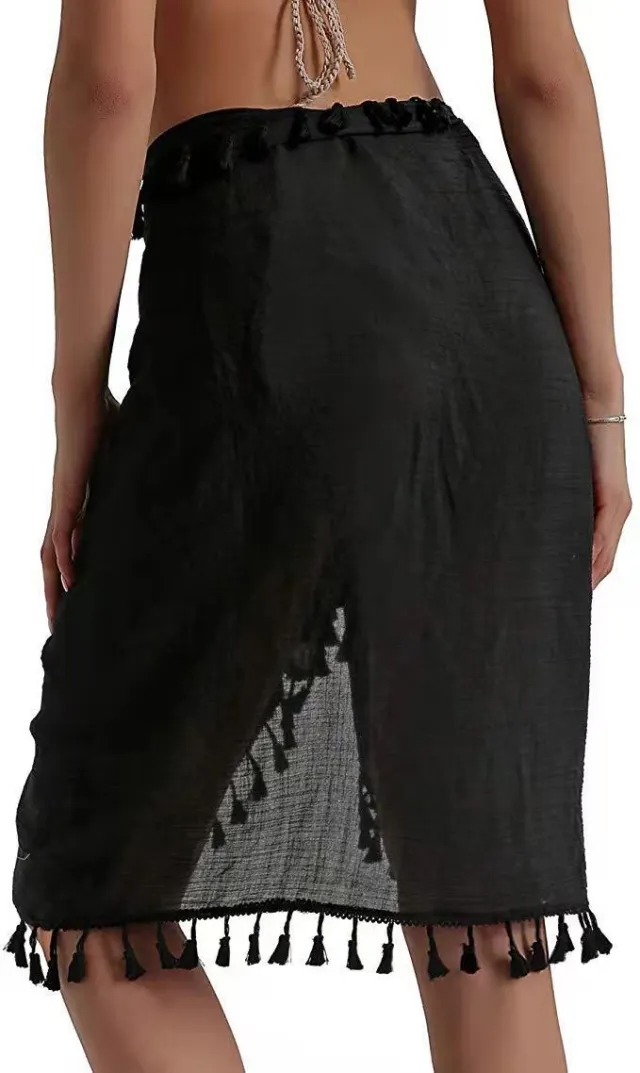 One piece Irregular Multi functional Shawl Bikini Blouse Tassel Stitching Beach Skirt Black - Shop at LoveMi
