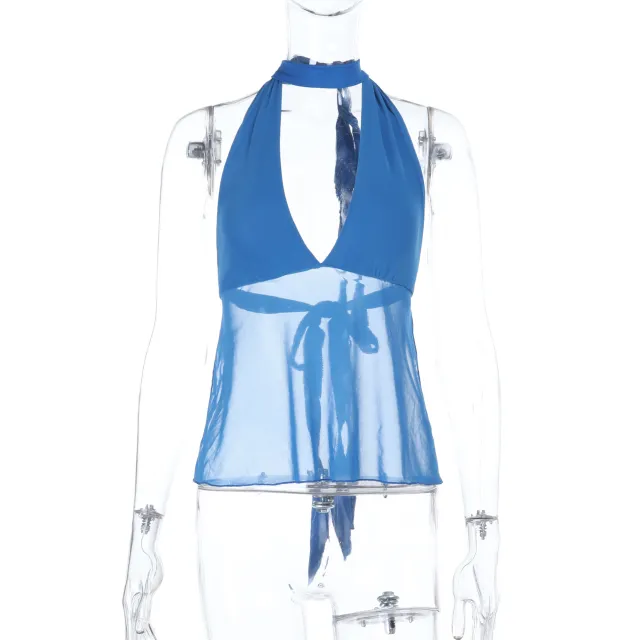 Backless Sheer Strappy Cropped Top For Women Blue - Shop at LoveMi
