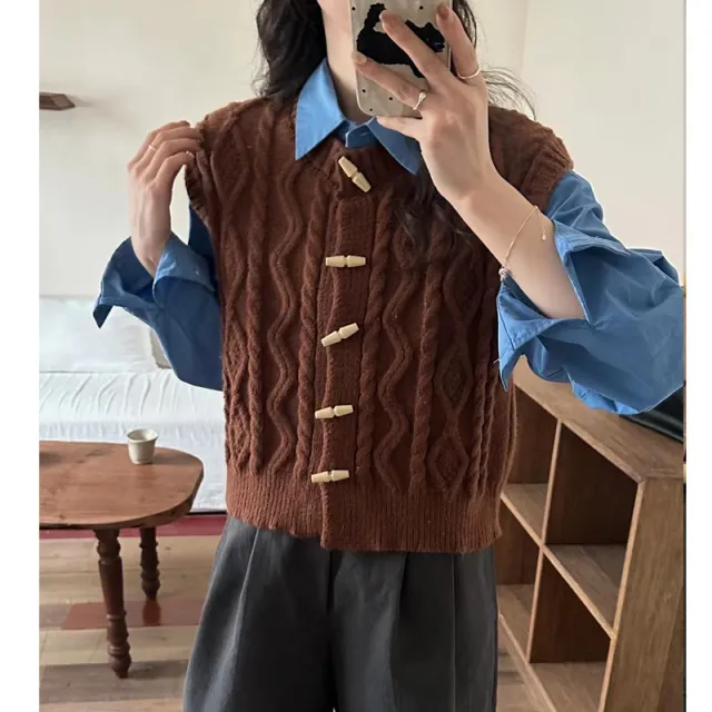 Horn Button Retro Twist Knitted Vest Cardigan For Women Deep Coffee - Shop at LoveMi