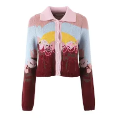 Women's Printing Color Contrast Slim-fit Short Sweater - View 1