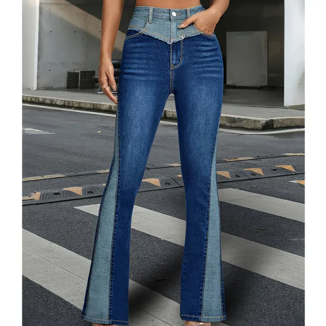 Fashion Stitching Contrast Color Denim Bell bottom Pants Women Blue - Shop at LoveMi