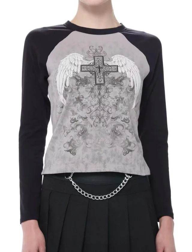 American style Retro Patchwork Contrast Color Raglan Printed Wings T shirt Black - Shop at LoveMi