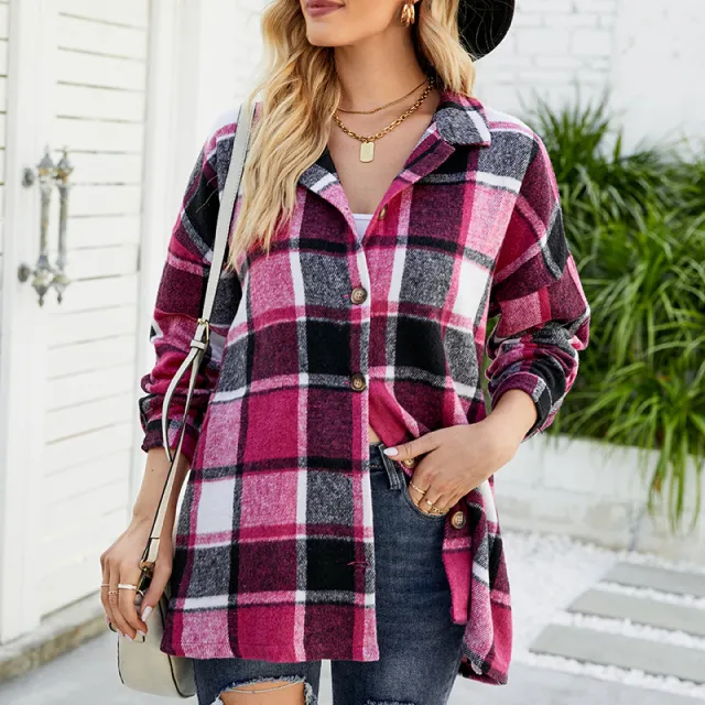 Women's Long sleeved Plaid Shirt Mid length Woolen Coat Rose - Shop at LoveMi