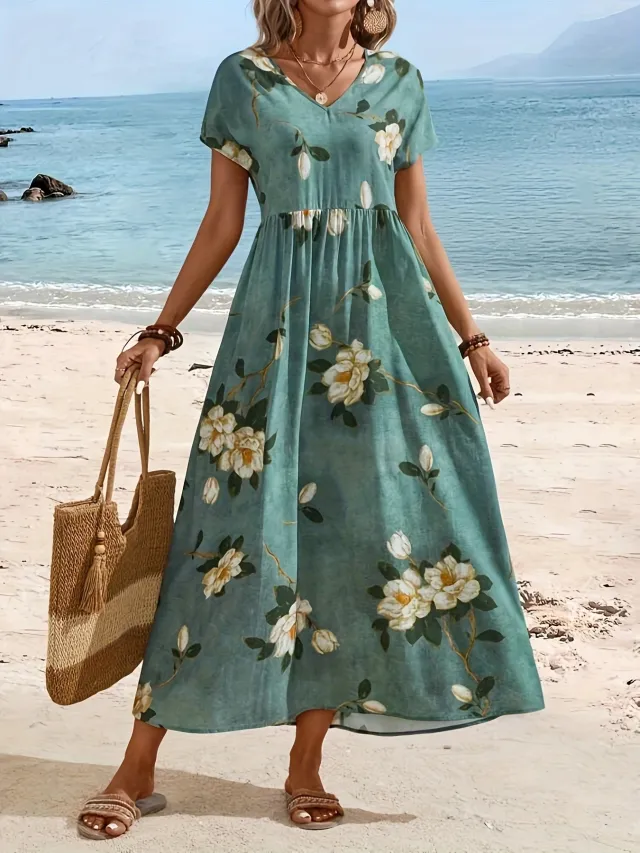 Printed Romantic Floral Bohemian Style Women's Dress Green - Shop at LoveMi