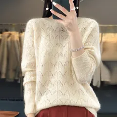 Women's Wool Knitted Round Neck Pullover Hollow-out Solid Colour Long Sleeve - Raw Velvet Rice - View 1