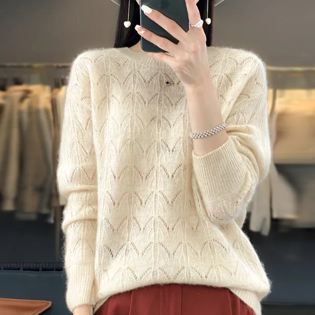 Women's Wool Knitted Round Neck Pullover Hollow out Solid Color Long Sleeve Raw Velvet Rice M - Shop at LoveMi