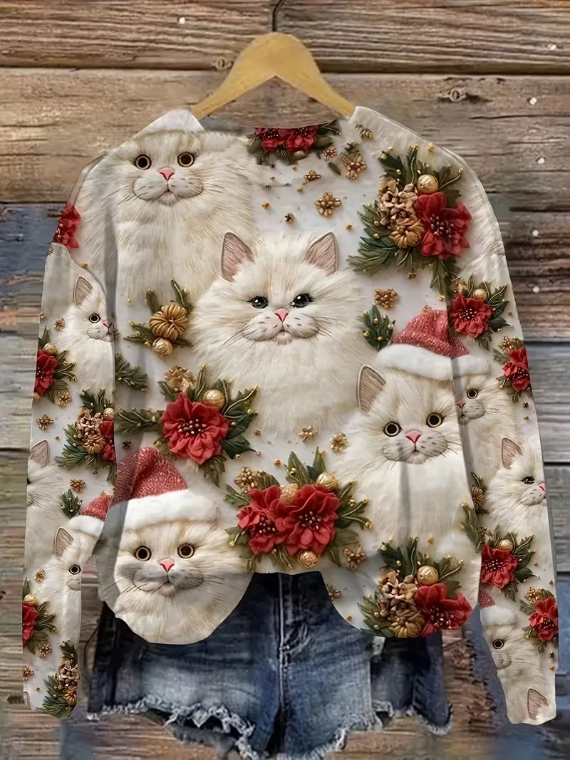 Women's Pullover Christmas Pattern Round Neck Sweatshirt - Sdwy7