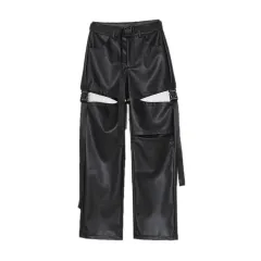 Women's Fashion Simple High Waist Straight Detachable Hole Leather Pants - Black - View 1