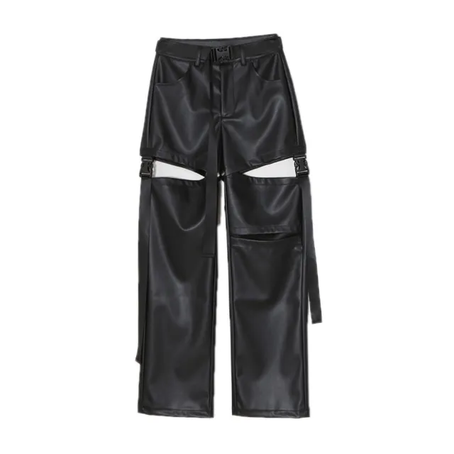 Women's Fashion Simple High Waist Straight Detachable Hole Leather Pants Black - Shop at LoveMi