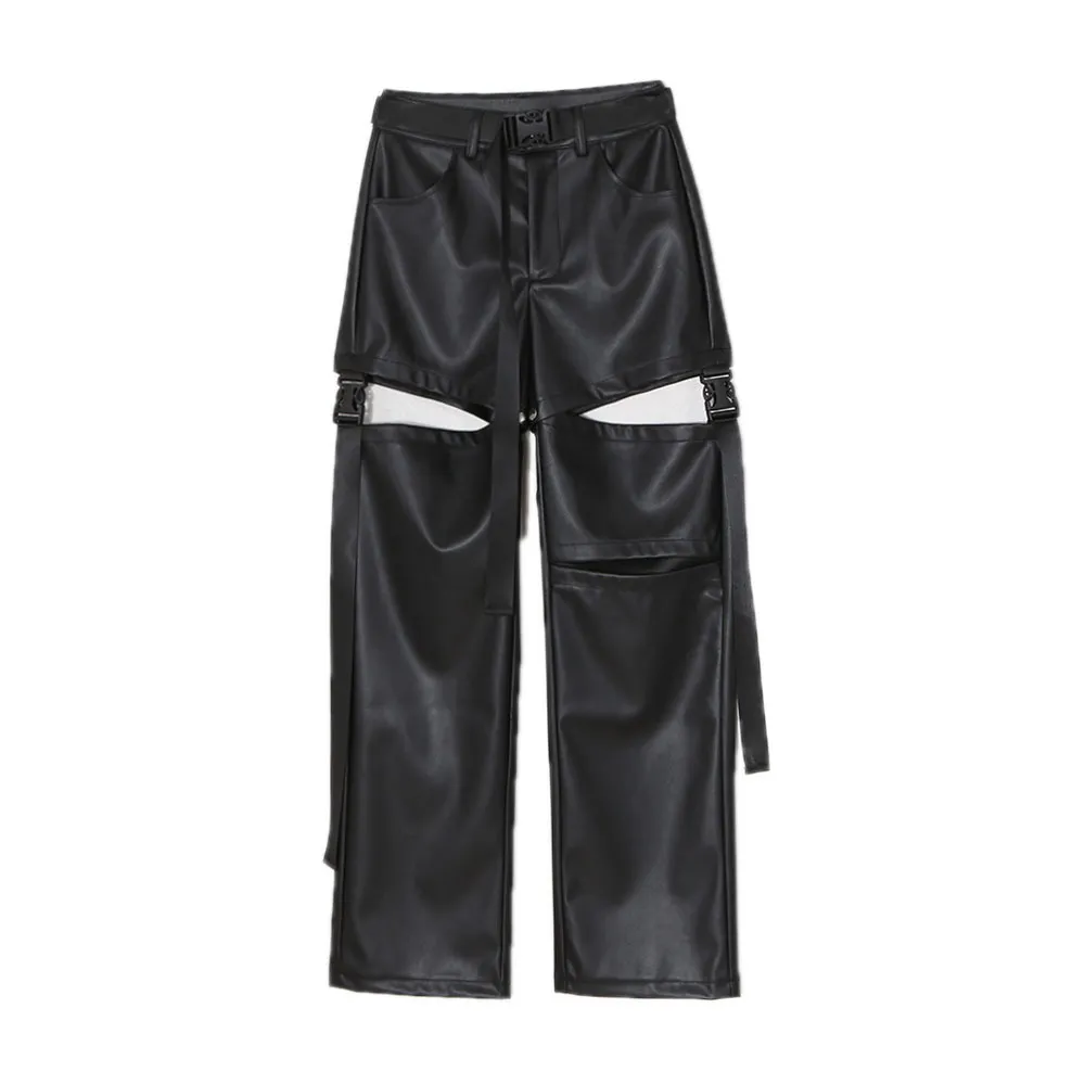Women's Fashion Simple High Waist Straight Detachable Hole Leather Pants - Black