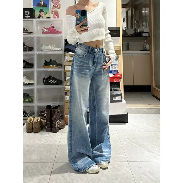 Retro Washed High Waist Wide Leg Jeans For Women Baggy Straight Trousers Blue - Shop at LoveMi