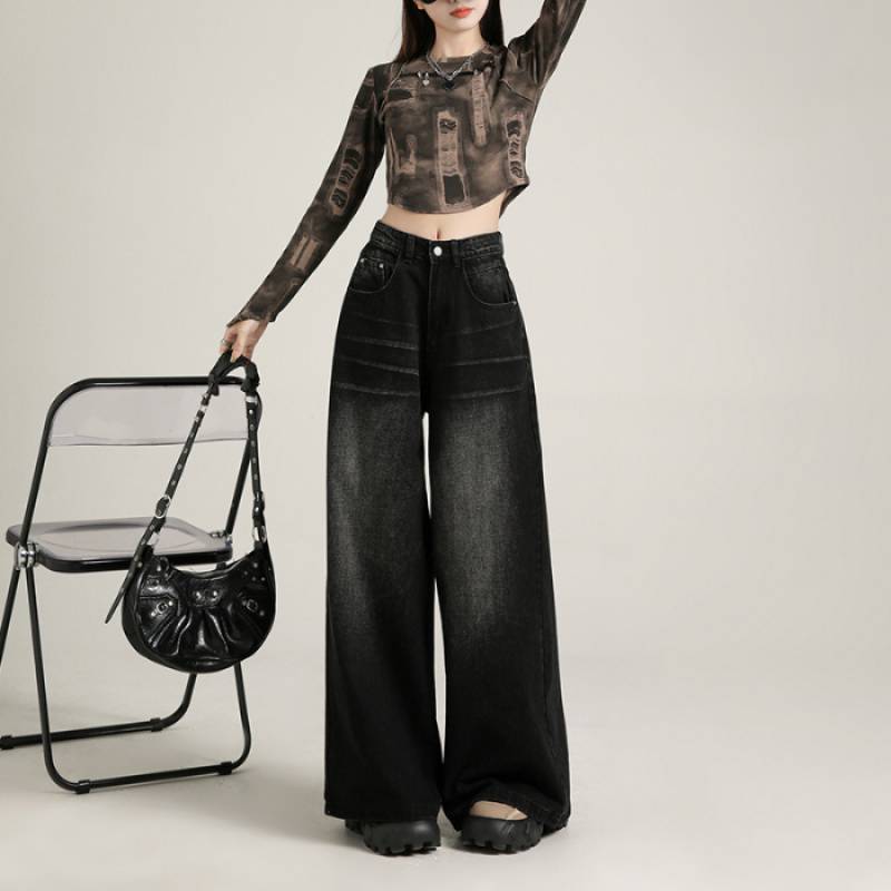 Retro Washed Craft Black Gray Wide Leg Jeans Gray - Shop at LoveMi