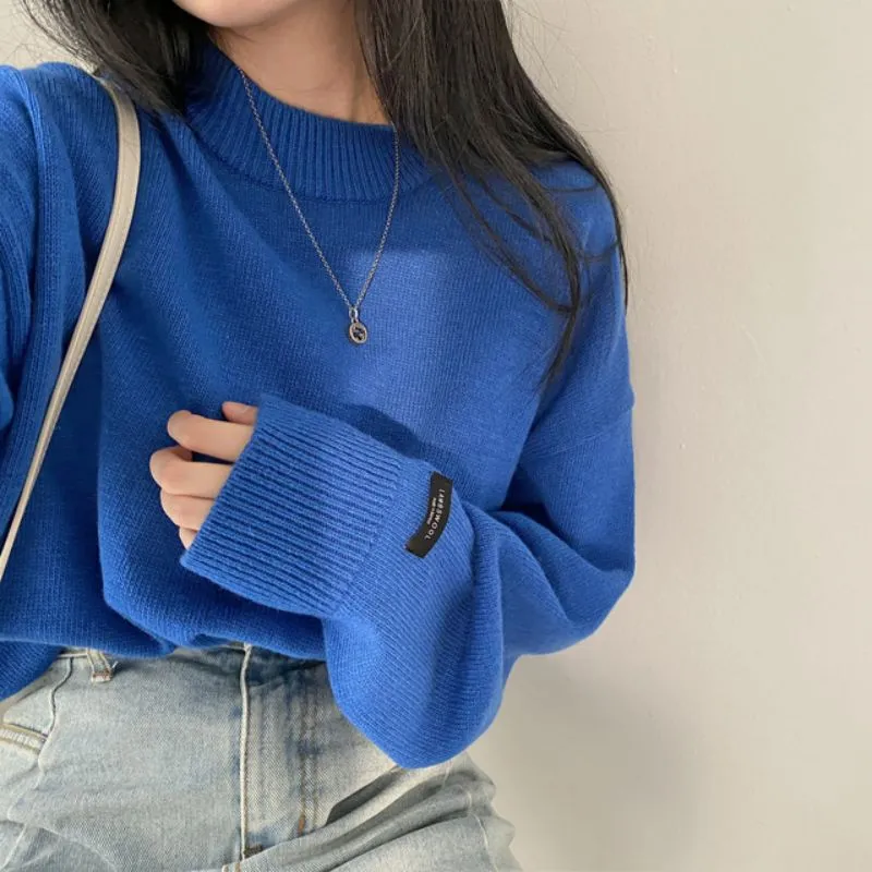 Round Neck Pullover Mid-length Warm Top - Blue