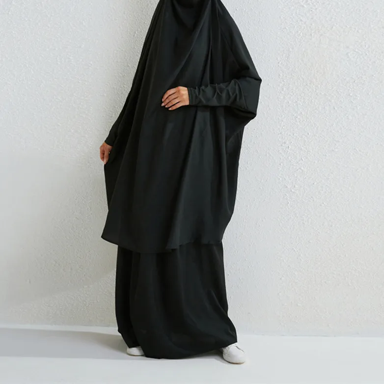 Muslim Fashion Plus Size Two-piece Suit Arabic Djellaba Solid Color - Black