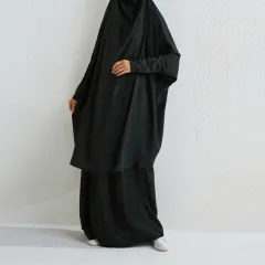 Muslim Fashion Plus Size Two-piece Suit Arabic Djellaba Solid Color - Black - View 1