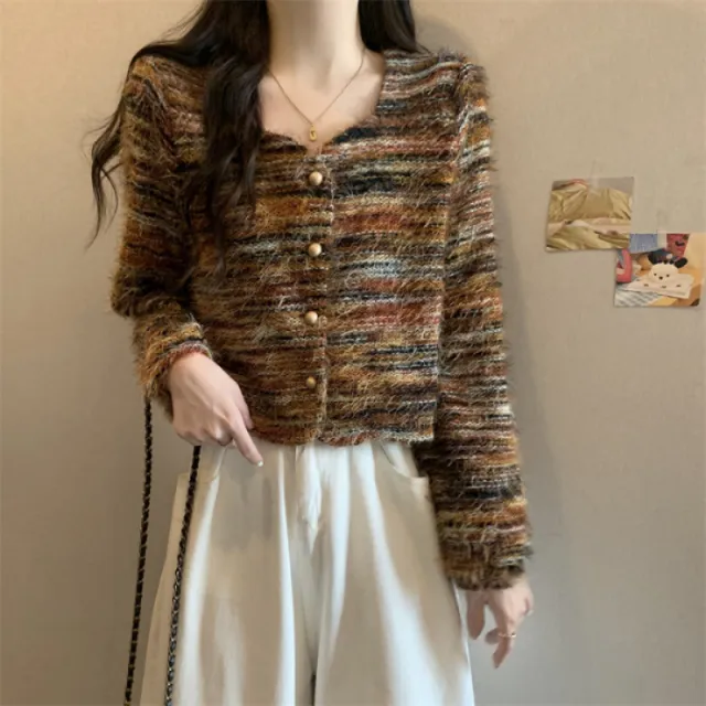 Soft Korean Style Square Collar Fur Design Striped Long Sleeve Sweater Red - Shop at LoveMi