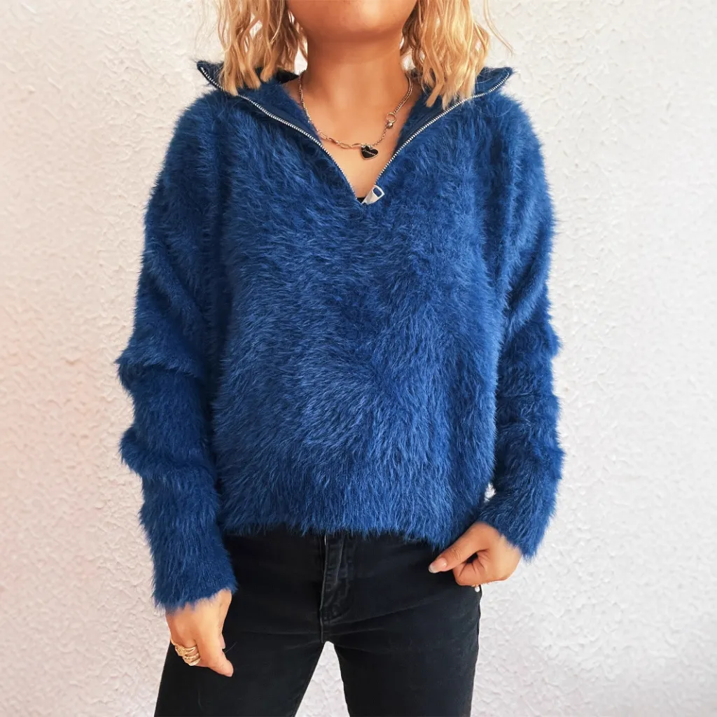 Casual Polo Collar Half Zipper Knitted Commuting Fashion Women's Sweater - Blue