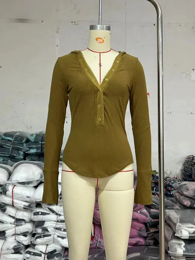 Solid Color Long Sleeve Single breasted Hooded T shirt Brown - Shop at LoveMi