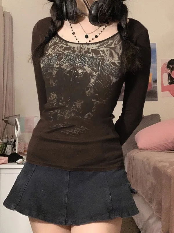 Printed Round Neck Long Sleeve Knitted Long Sleeve T shirt Brown - Shop at LoveMi