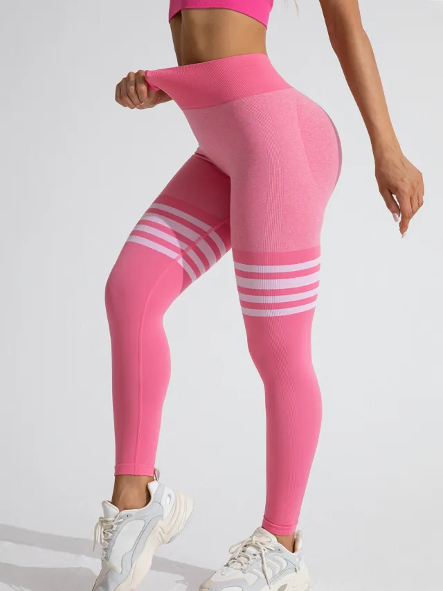 Striped Outdoor Sports Tights High Waist Hip Lift Running Exercise Workout Pants Hoarse Pink - Shop at LoveMi