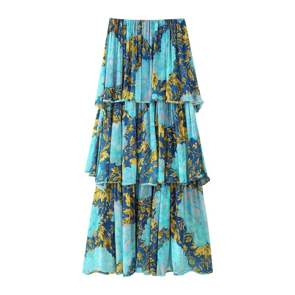 Chiffon Strapless Printed Dress - Lake Blue