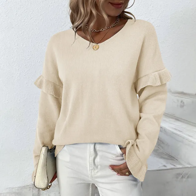Solid Color And V neck Petal Sleeve Sweater For Women Apricot - Shop at LoveMi