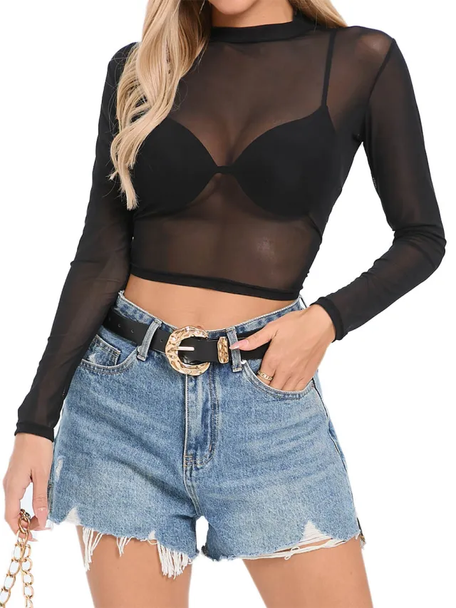 Simple And Sexy Slim fit See through Tight Long Sleeve Mesh Top For Women Midcollar Short Black - Shop at LoveMi