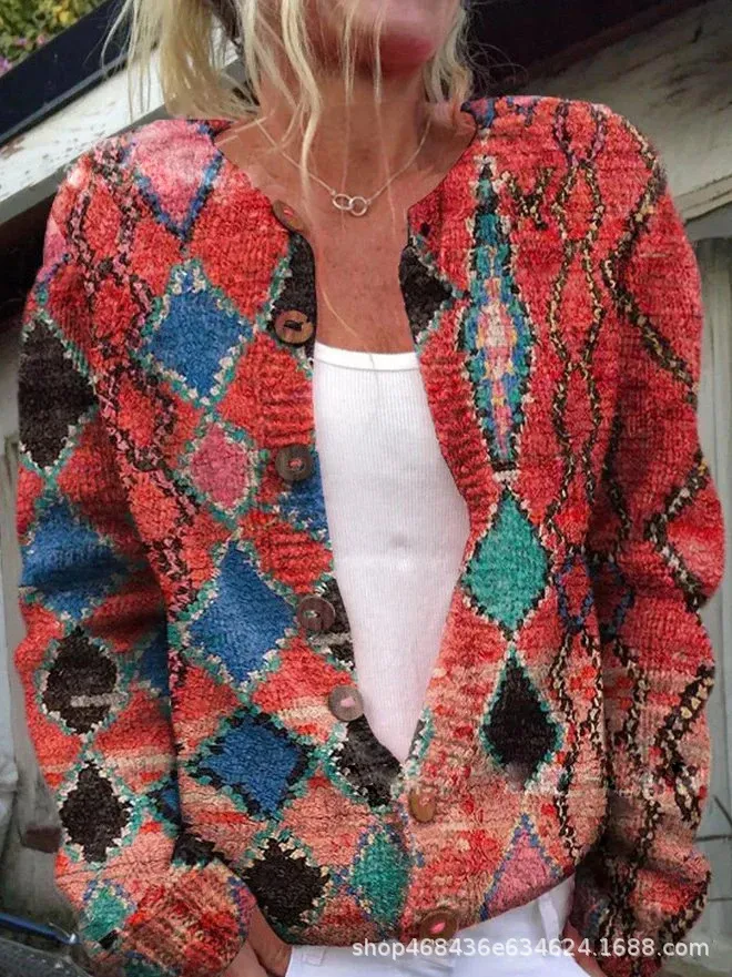 Women's Top 3D Digital Printing Cardigan Knitted Sweater - Kshd284