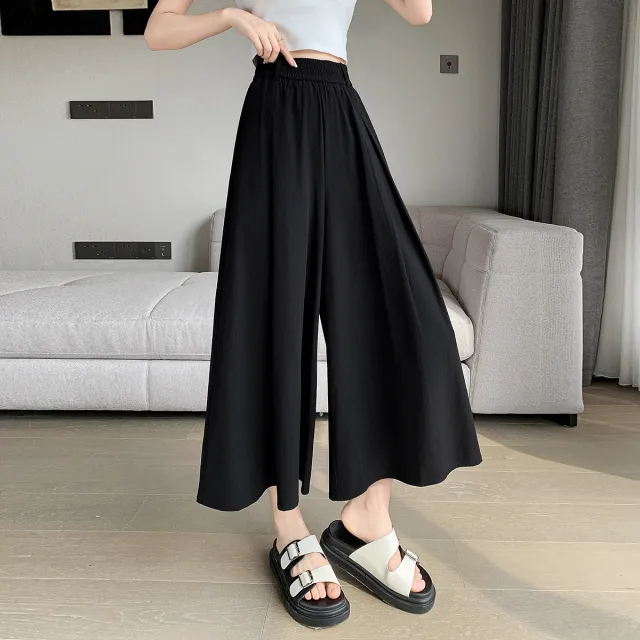 Korean Style Elastic Waistband Women's Straight Loose Pants Black - Shop at LoveMi