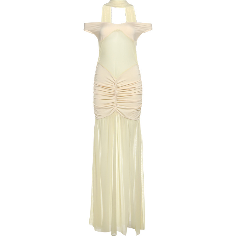 Fall Low cut Off neck Sexy Slit Solid Color Dress Apricot - Shop at LoveMi