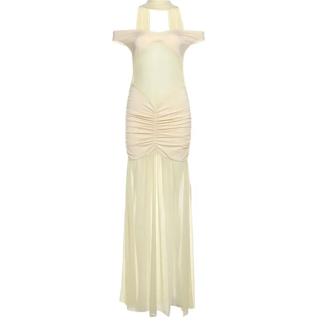Fall Low cut Off neck Sexy Slit Solid Color Dress Apricot - Shop at LoveMi