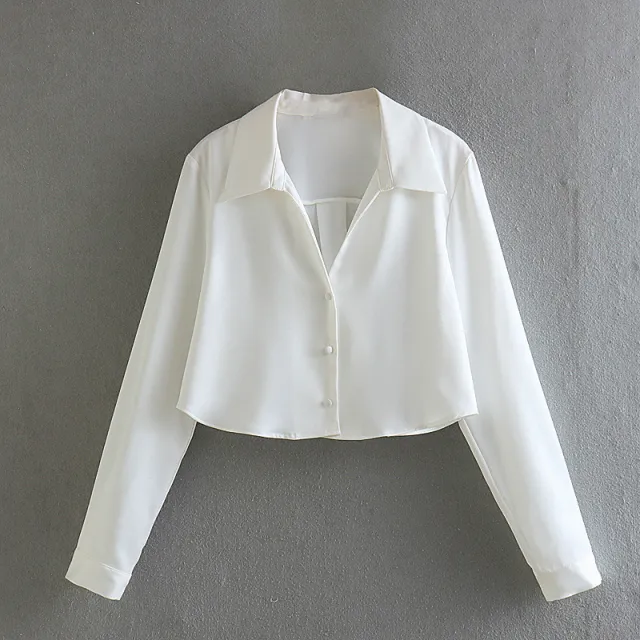 European And American Style Silk Satin Texture Short Drape Shirt White - Shop at LoveMi