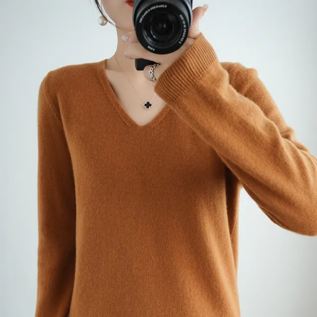 Sweater Short Plus Size Pullover Bottoming Shirt Caramel V Neck Xxxl - Shop at LoveMi