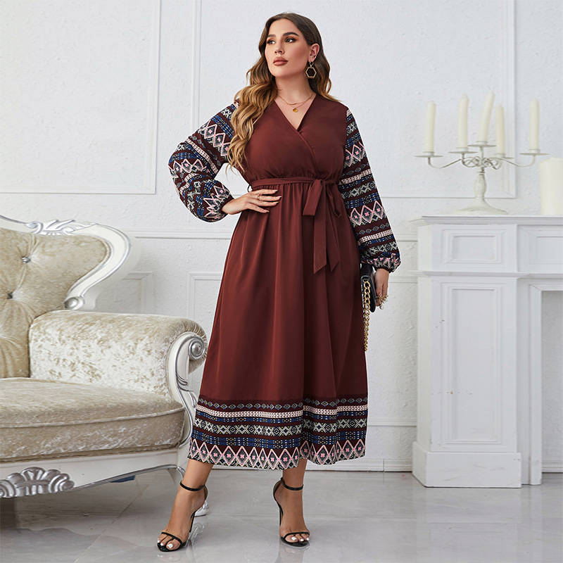 New Elegant Tied High Waist V-neck Plus Size Women's Long Sleeve Dress