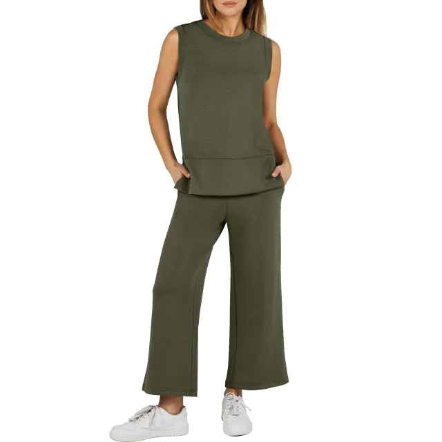 Ladies Slit Hemline At Hem Design Sleeveless Round Neck Loose Straight Women's Blouse And Pants Army Green - Shop at LoveMi