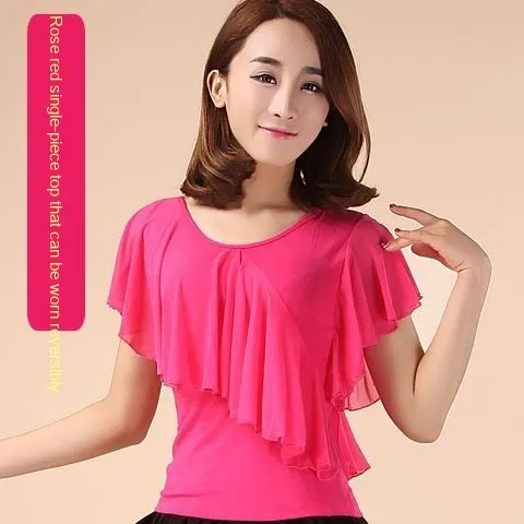 Square Dance Clothing Mesh Round Neck Latin Dance Dancing Practice Clothes Rose - Shop at LoveMi