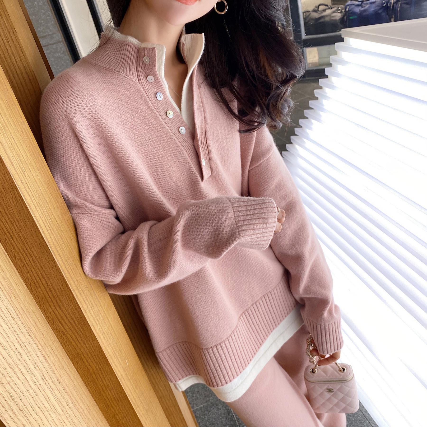Loose Leisure Pullover Sweater Suit Sports Style Design Wide Leg Pants Two-piece Set