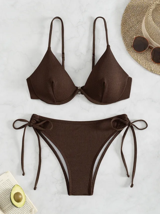 Two piece Underwire Sexy Gather Backless Swimsuit Pure Color Tied Bikini Women Brown - Shop at LoveMi