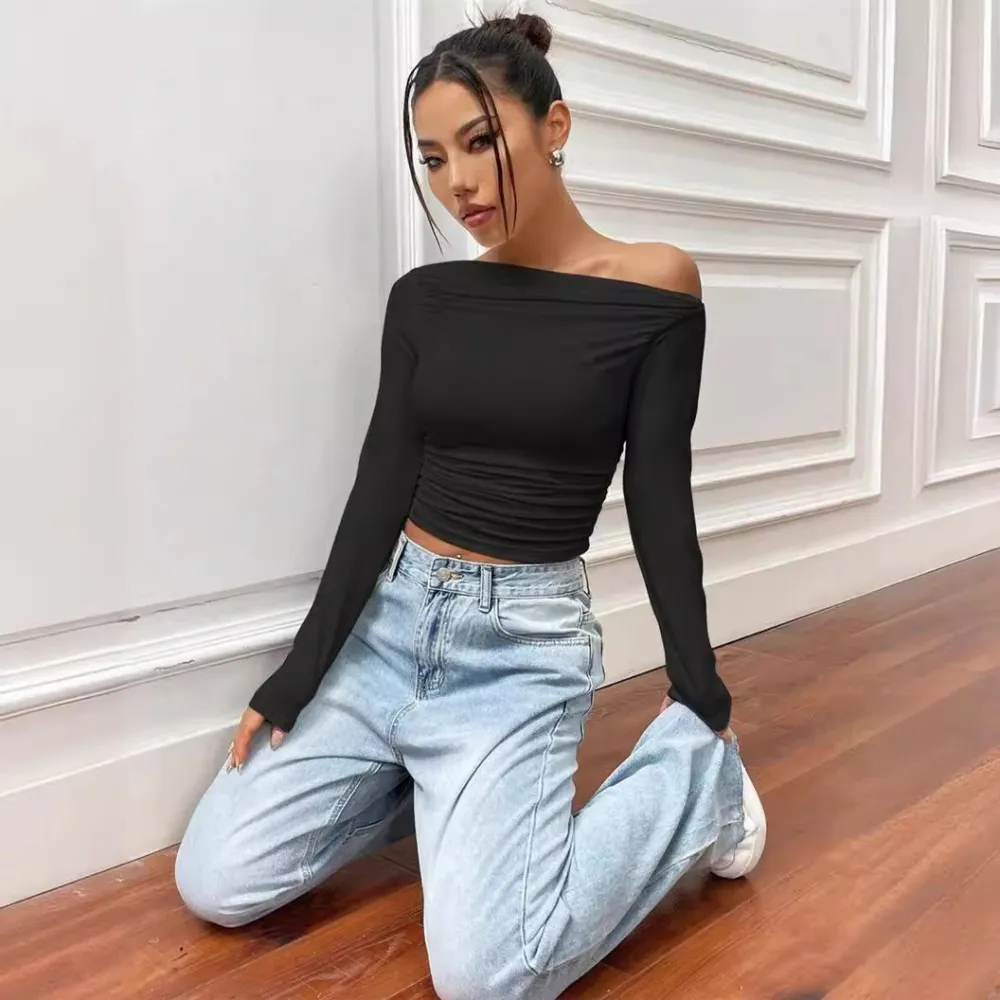 Slim Fit All-match Shoulder Pleating Long Sleeve Women's T-shirt
