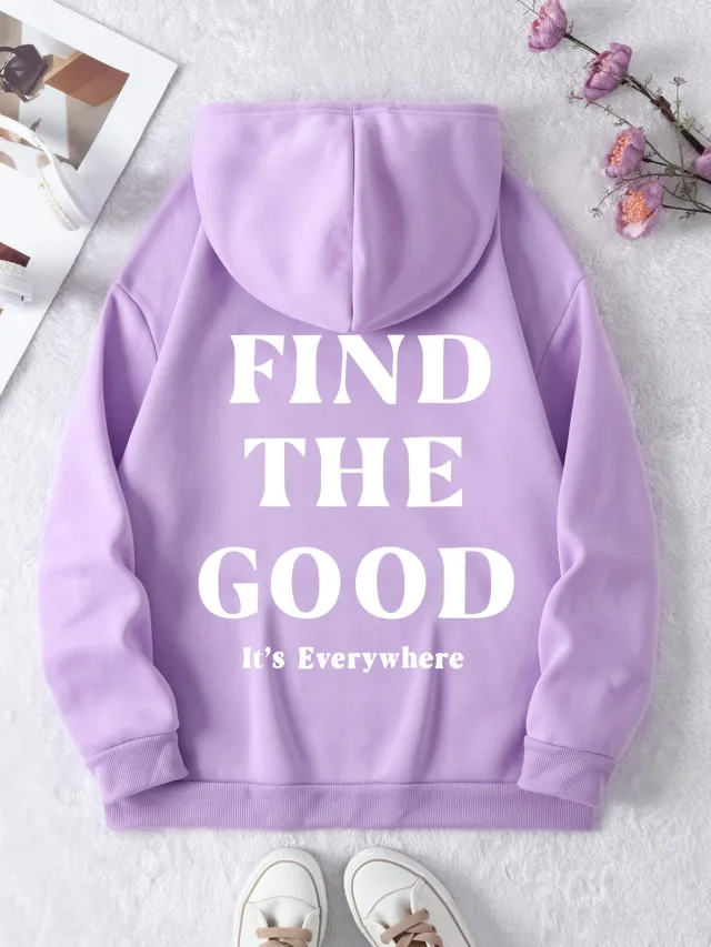 Brushed Hoody Plain Letter Printed Hoodie Light Purple - Shop at LoveMi