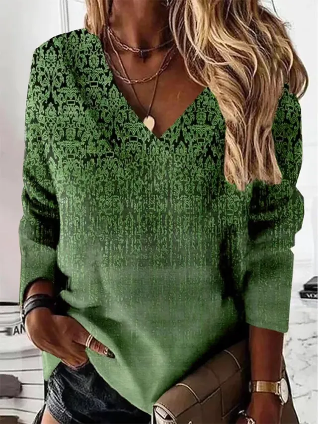 Retro Printed V neck Long sleeved T shirt For Women Army Green - Shop at LoveMi
