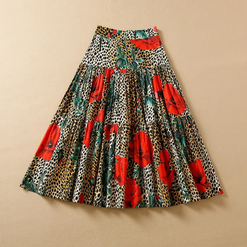 Leopard Print High Waist A- Line Large Hem Skirt - Coffee Color And Leopard Print