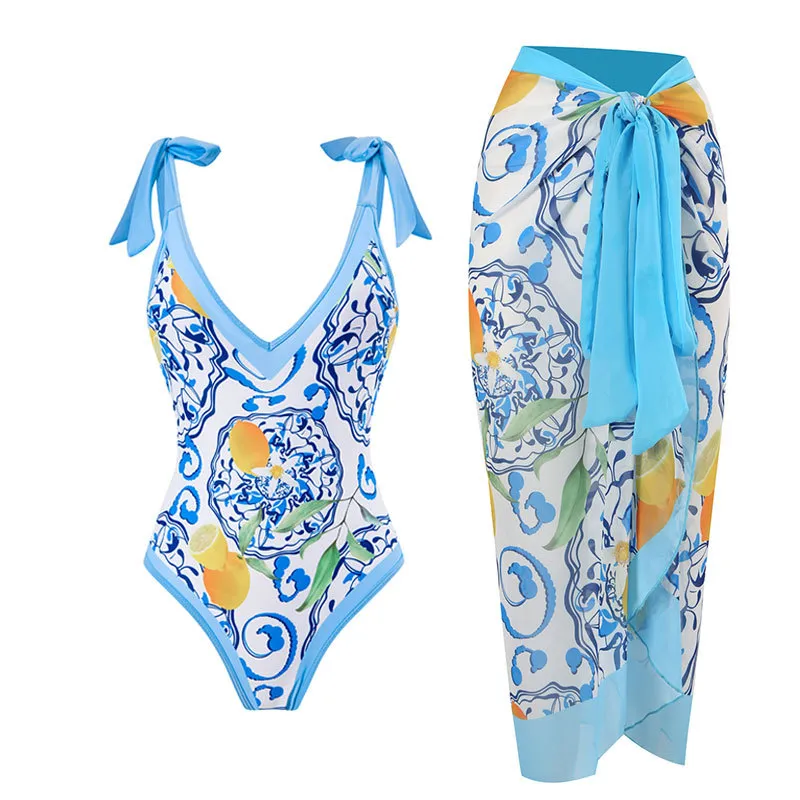 Swimsuit Women's One-piece Skinny Print Chiffon Dress Two Piece Swimwear - Blue