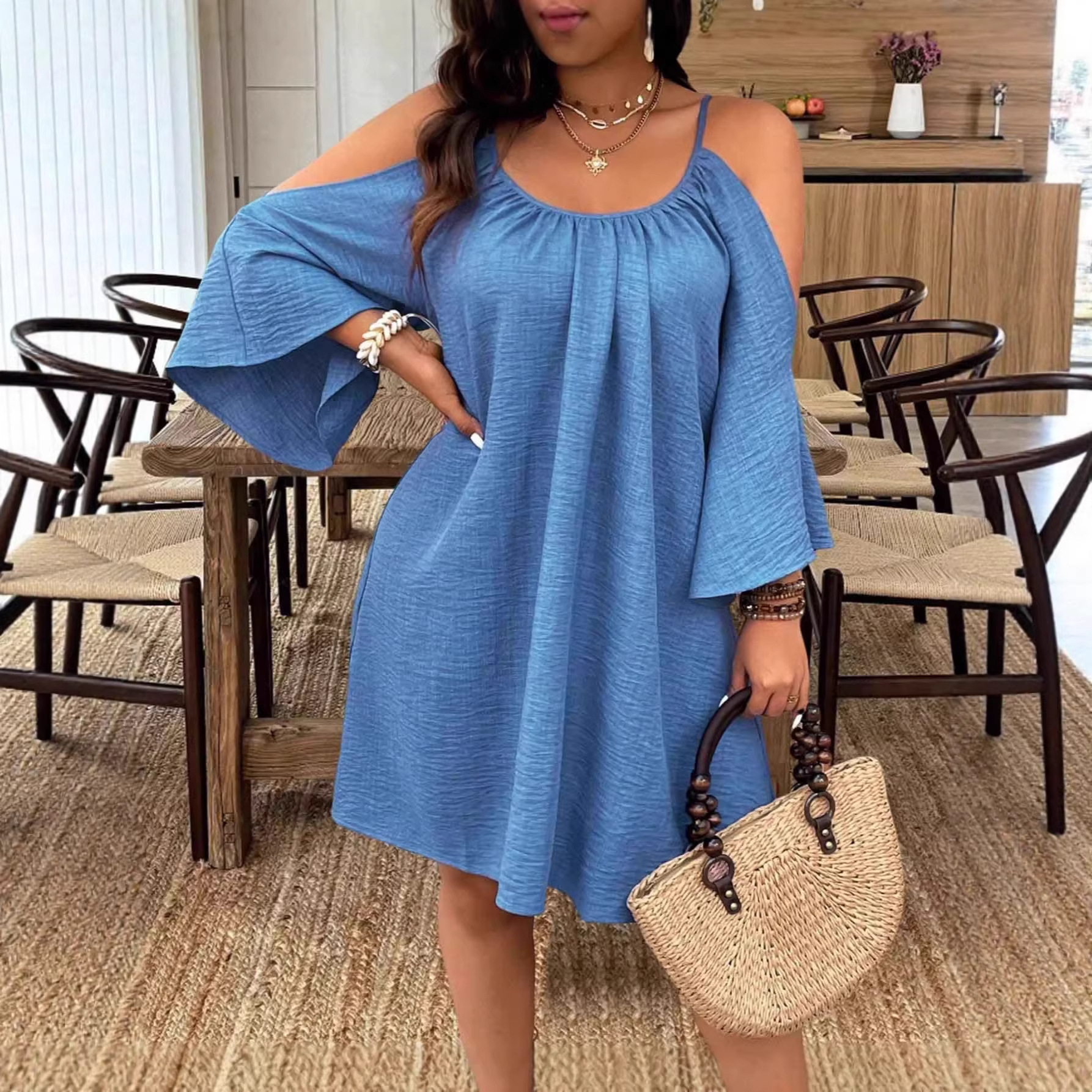 Ruched Off-Shoulder And Backless Design Womens Fashionable Plus-Size Dress