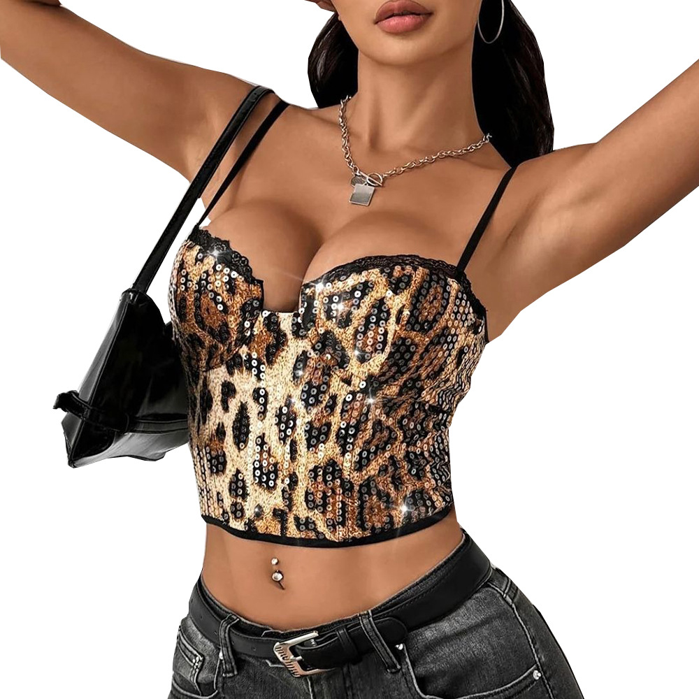 Sequin Leopard Print Adjustable Shoulder Strap Beauty Back Women's Top - Image 6