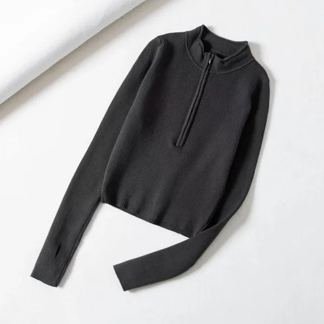 Half Zipped Stand Collar Midriff Outfit Skinny Knit Top Dark Gray - Shop at LoveMi