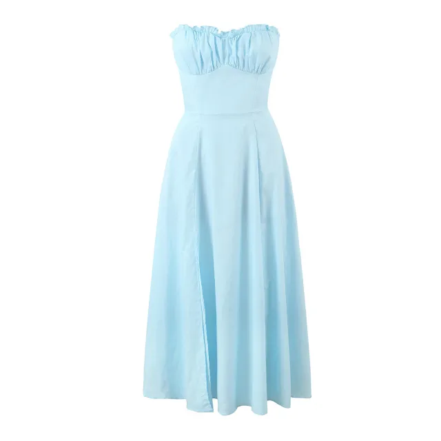 Solid Color Sleeveless Sleeveless Split Tube Top Dress Sling Top Suit Blue - Shop at LoveMi
