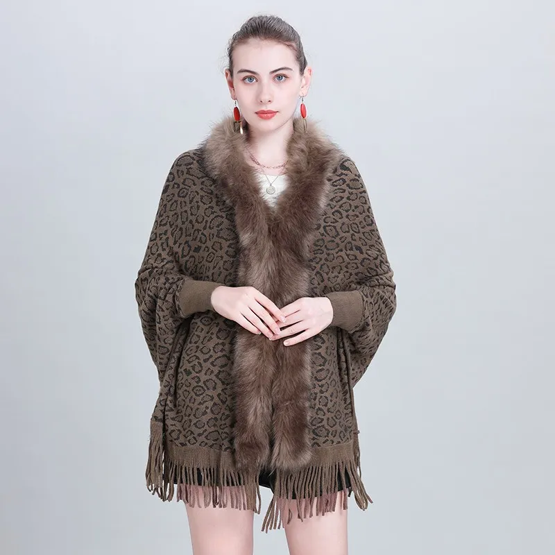 Autumn And Winter New Scarf Faux Fur Collar Knitted Shawl - Khaki