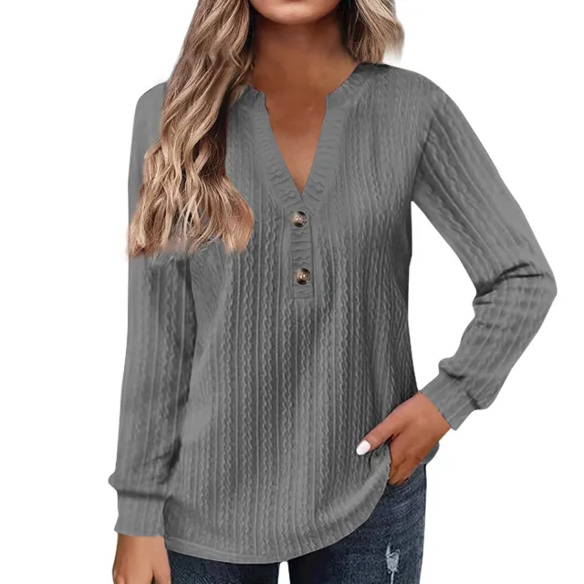 Women's Solid color Long sleeve V neck Button T shirt Top Gray - Shop at LoveMi
